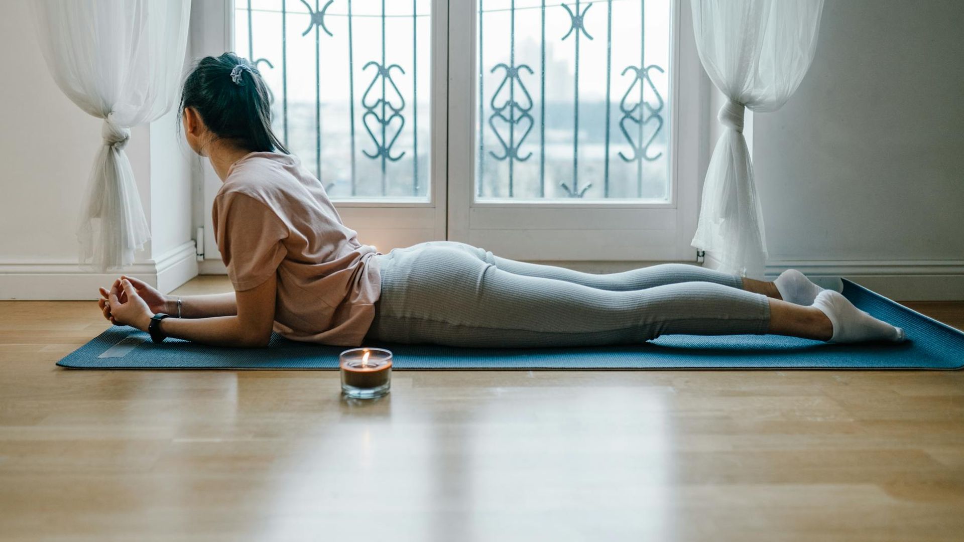 Serene space for yoga practice with soft natural light.